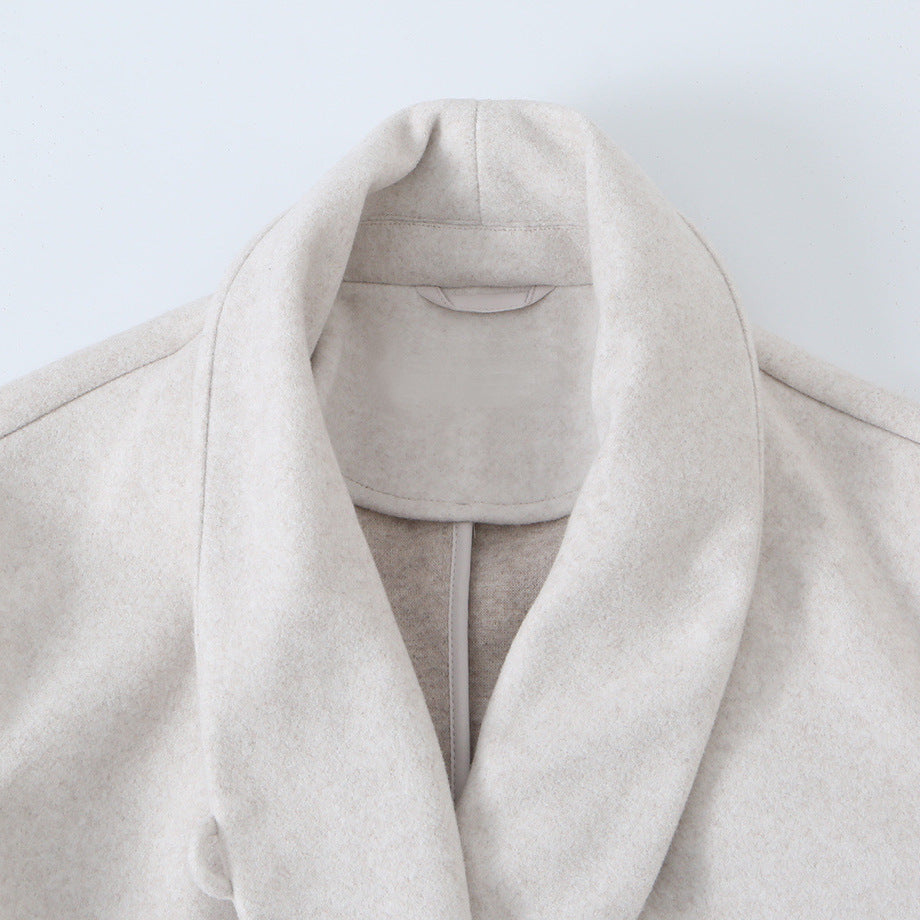 Women's Midi-Length Wool Blend Coat with Shawl Collar and Tie Belt Mune Fashion