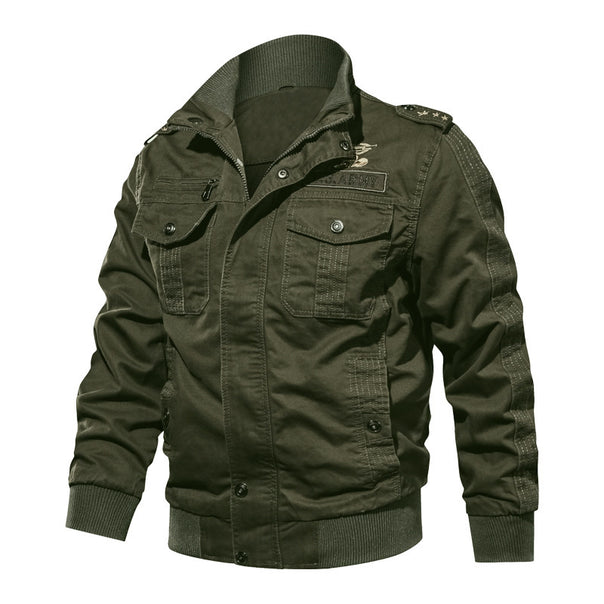 Men's field bomber jacket in military utility style with shoulder patches, ribbed cuffs, and patch chest pockets Mune Fashion