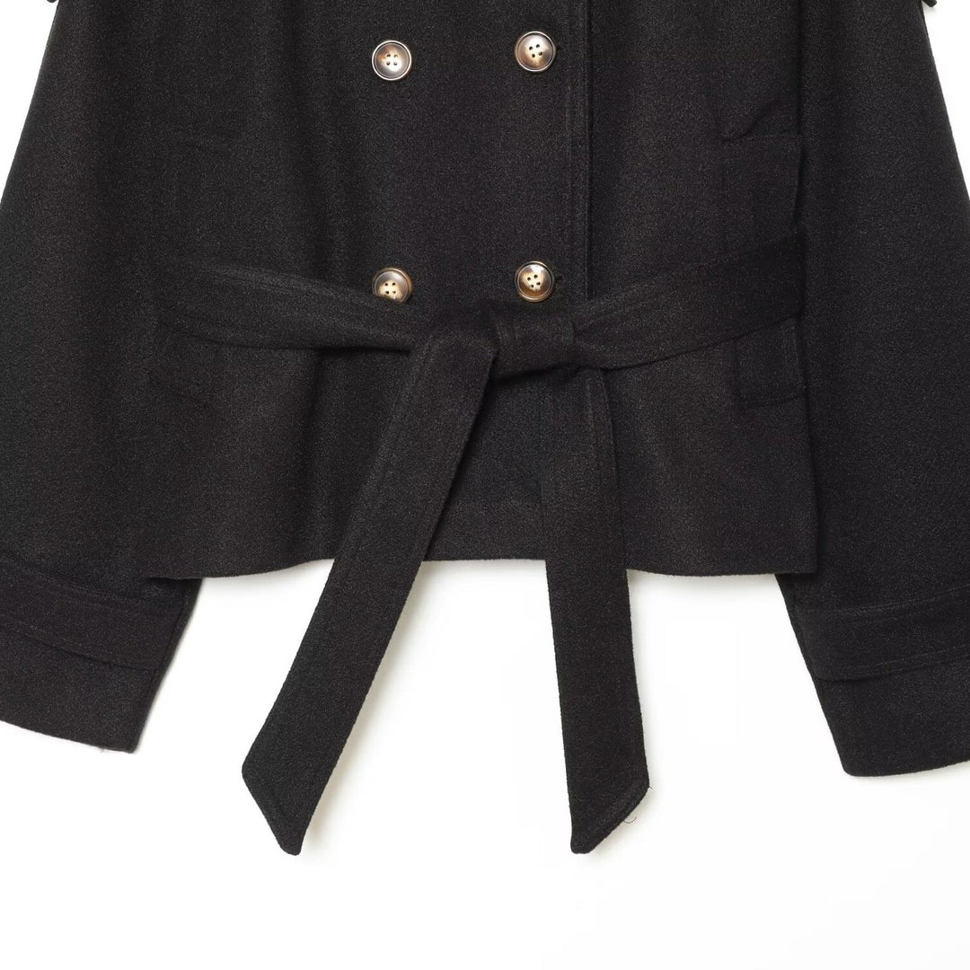 Women Short Double-Breasted Wool Blend Cape Jacket with Stand Collar and Waist Belt Mune Fashion