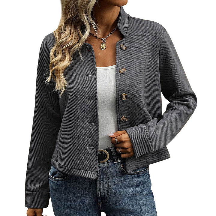 Women Fashionable Short Jacket with High Collar and Buttons Mune Fashion