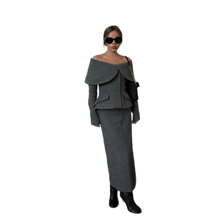 Women Elegant Boucle Set with Off-Shoulder Jacket and Fitted Pencil Skirt Mune Fashion