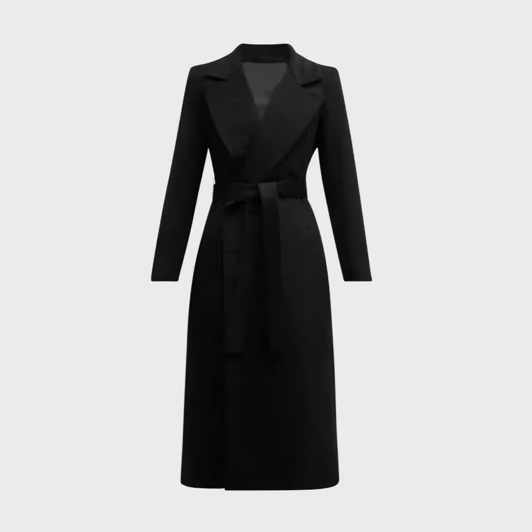 Women's Single-Breasted Mid-Length Coat in Clean-Cut with Waist Belt and Discreet Flap Pocket Mune Fashion