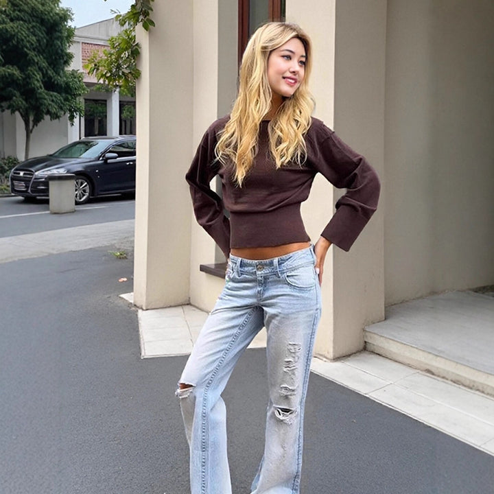Women's Cropped Fine Knit Sweater with Wide Cuff Sleeves and Fitted Ribbed Waistband Mune Fashion