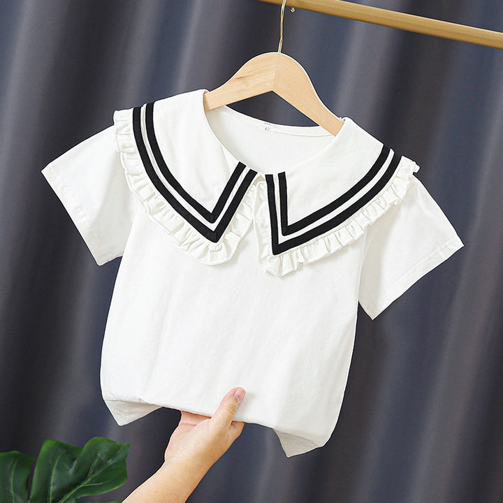 Girl T-shirt with elegant sailor collar and ruffle details Mune Fashion