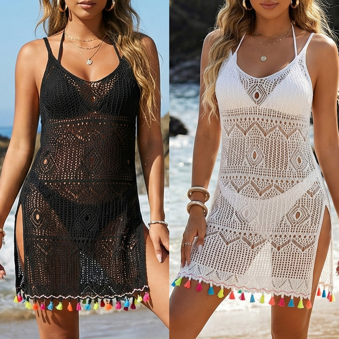 Women's crochet beach dress with colorful tassels Mune Fashion