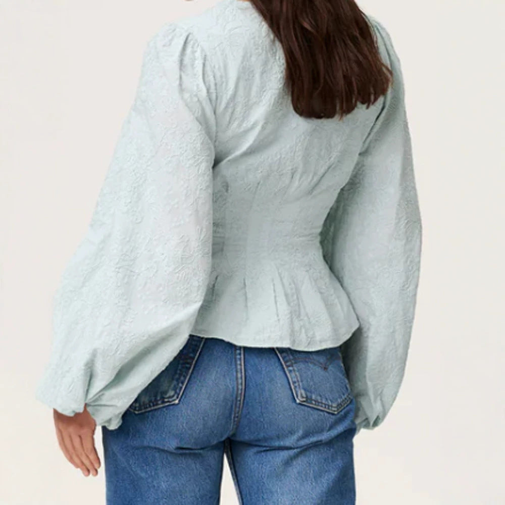 Women's jacquard lace blouse with fitted peplum and balloon sleeves Mune Fashion