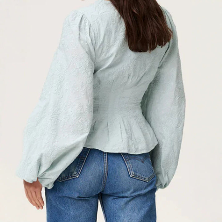 Women's jacquard lace blouse with fitted peplum and balloon sleeves Mune Fashion