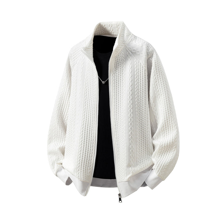 Men's Chunky Knit Zip Cardigan with Stand-Up Collar and Cable Pattern Mune Fashion