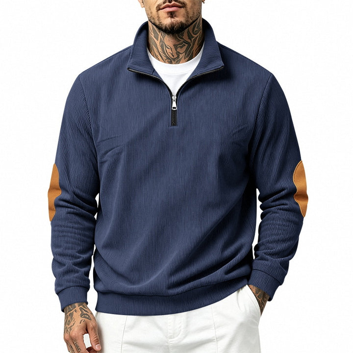 Men's half-zip sweatshirt with stand-up collar, fine waffle texture and leather-look elbow patches Mune Fashion
