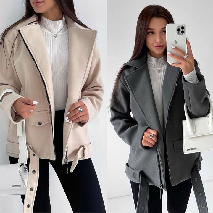 Women's short cut wool-look coat with concealed zipper, waist belt and patch pockets Mune Fashion