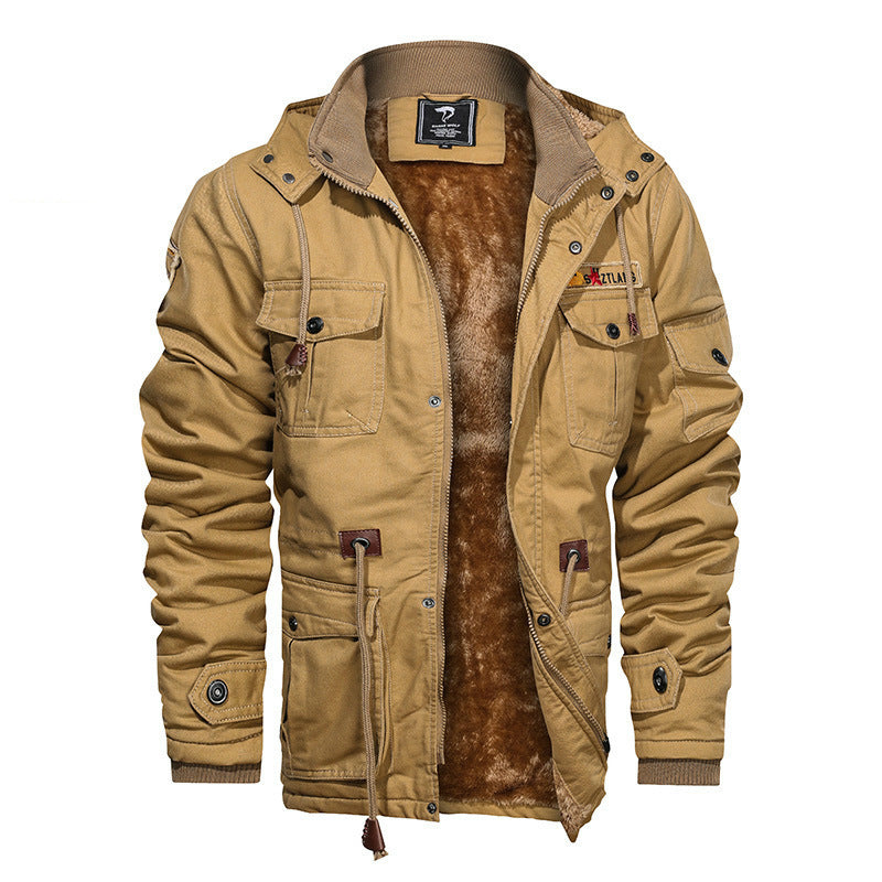 Men's Military-Inspired Canvas Field Jacket with Hood, Drawstring Waist and Fleece Lining Mune Fashion