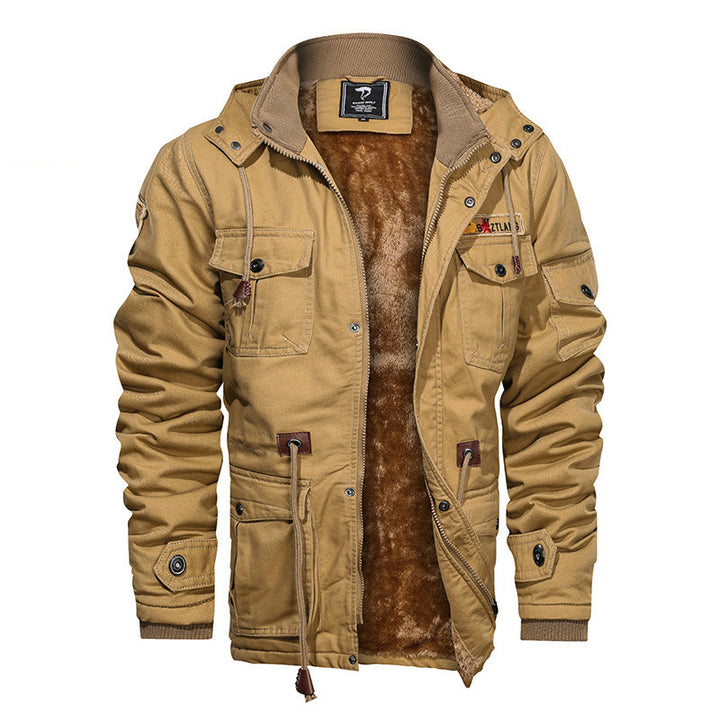 Men's Military-Inspired Canvas Field Jacket with Hood, Drawstring Waist and Fleece Lining Mune Fashion