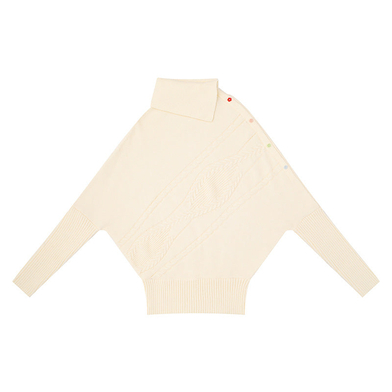 Women's oversized sweater with roll neck, asymmetric shoulder button placket and cable knit details Mune Fashion