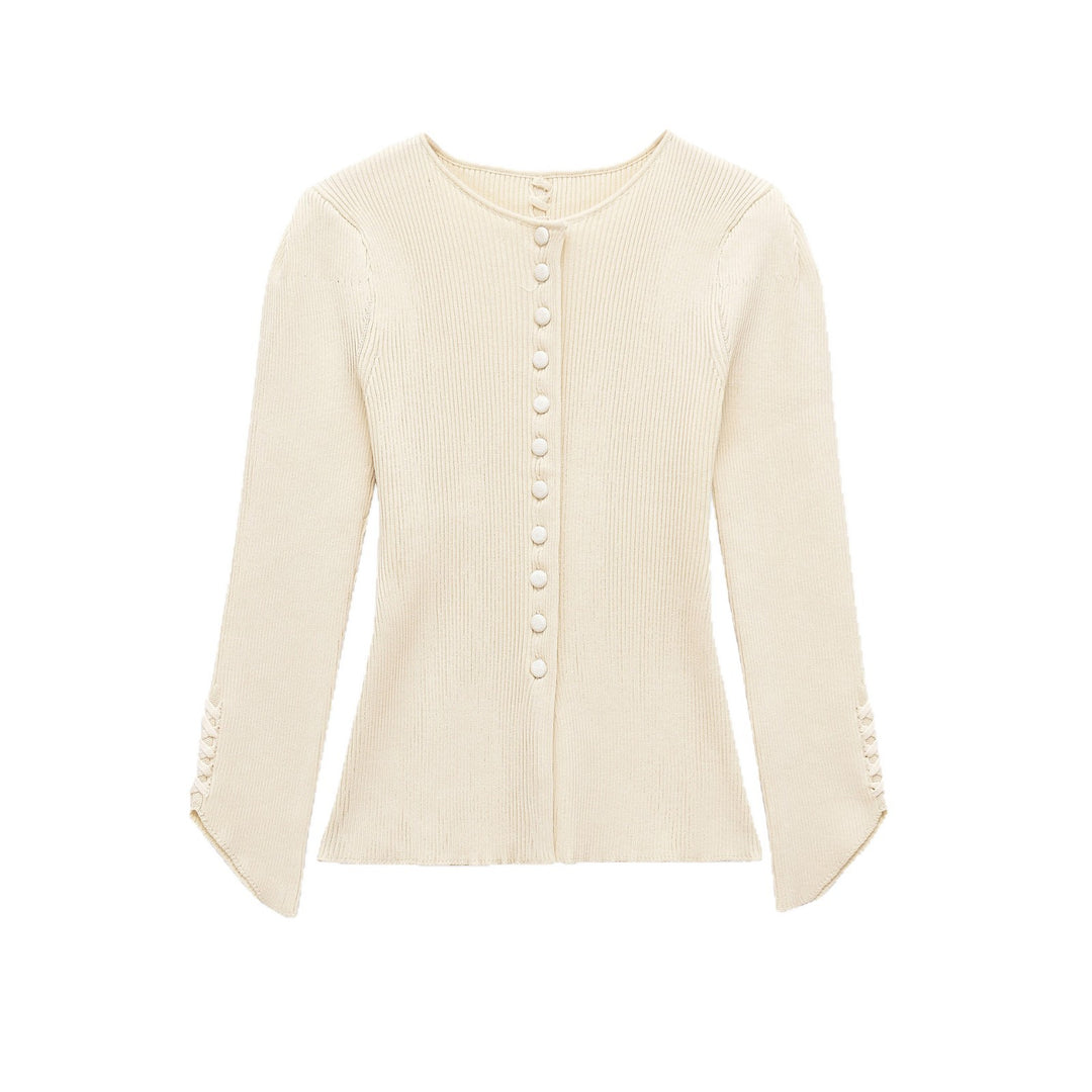 Women's fine knit cardigan with full button placket, tailored ribbed structure, and curved hem Mune Fashion