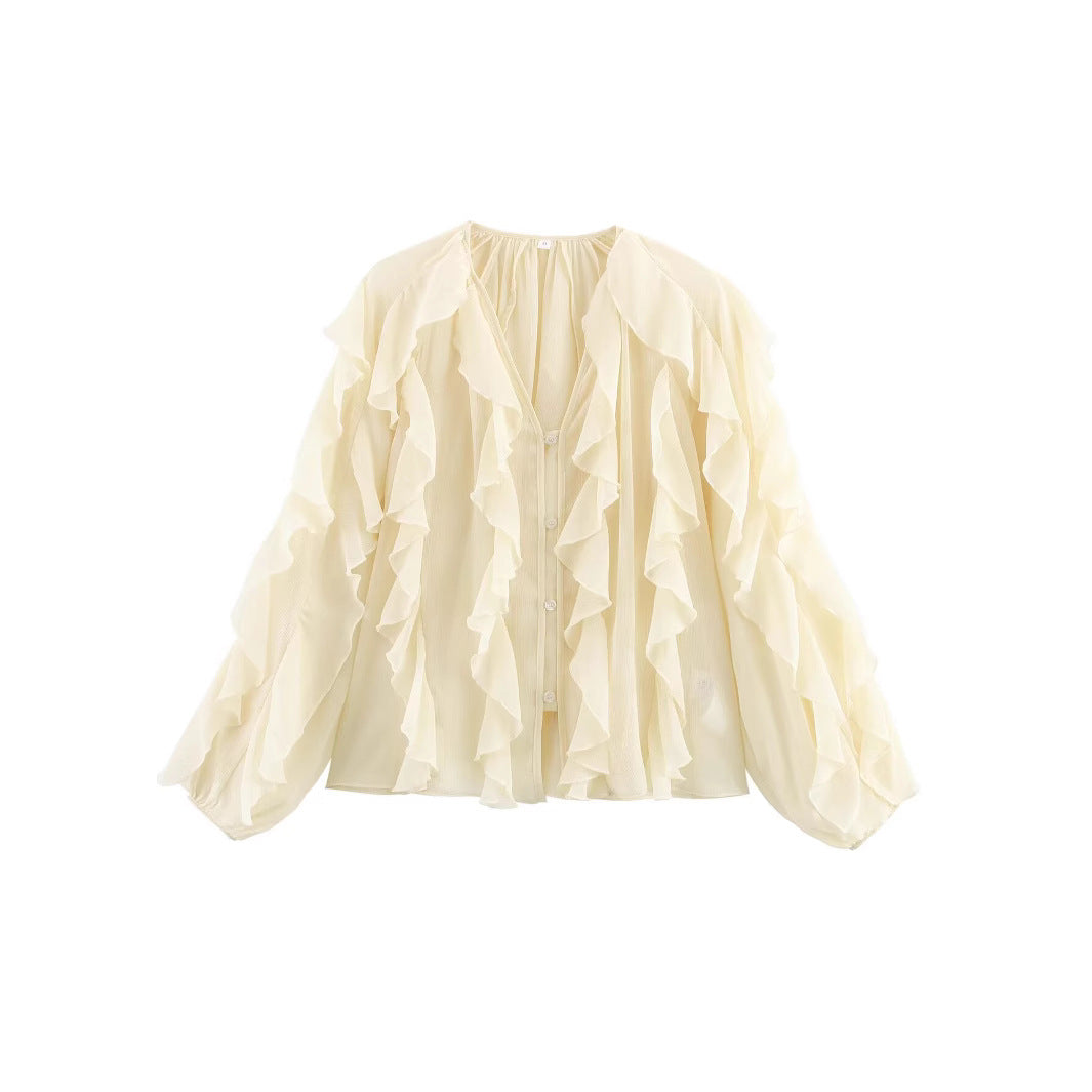 Ladies sheer chiffon blouse with layered ruffles, wide balloon sleeves, and full button placket Mune Fashion
