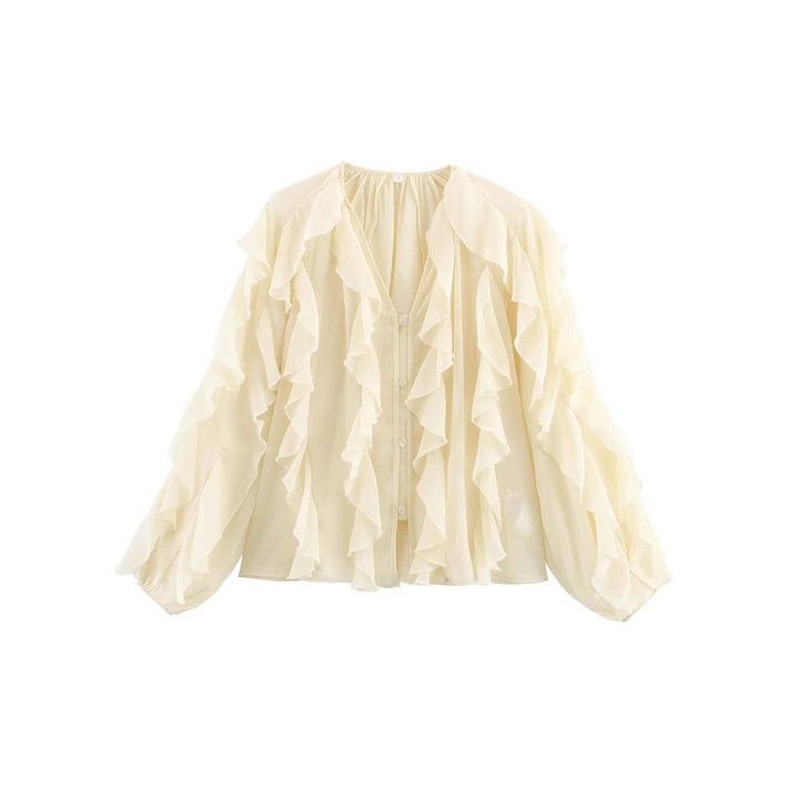 Ladies sheer chiffon blouse with layered ruffles, wide balloon sleeves, and full button placket Mune Fashion
