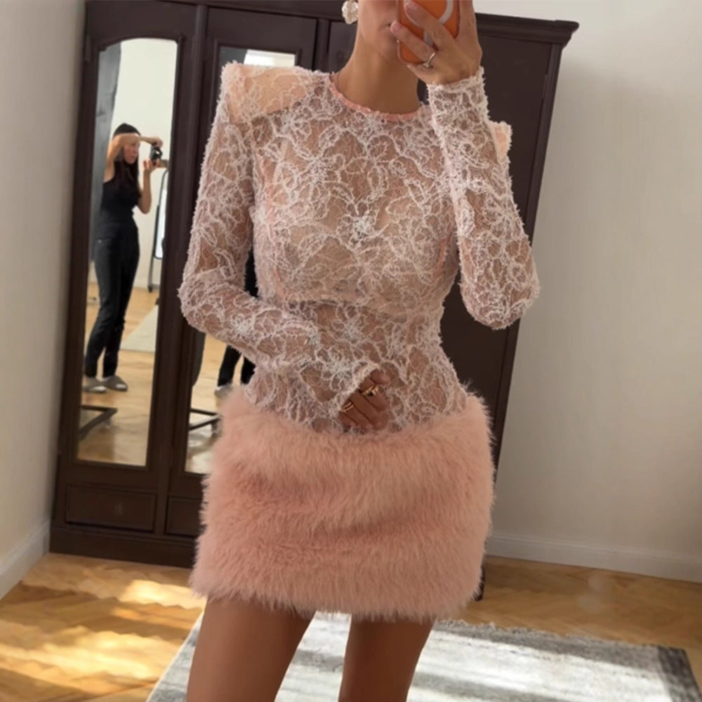 Women's Transparent Lace Bodysuit with Long Sleeve and Plush Mini Dress Set Mune Fashion
