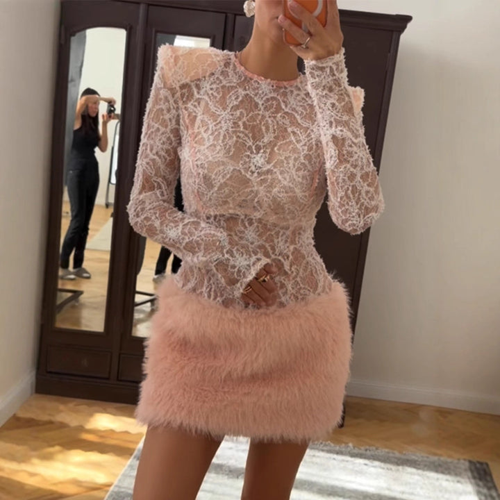 Women's Transparent Lace Bodysuit with Long Sleeve and Plush Mini Dress Set Mune Fashion
