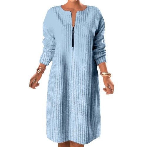Women’s knitted ribbed tunic dress with half zip and casual A-line Mune Fashion