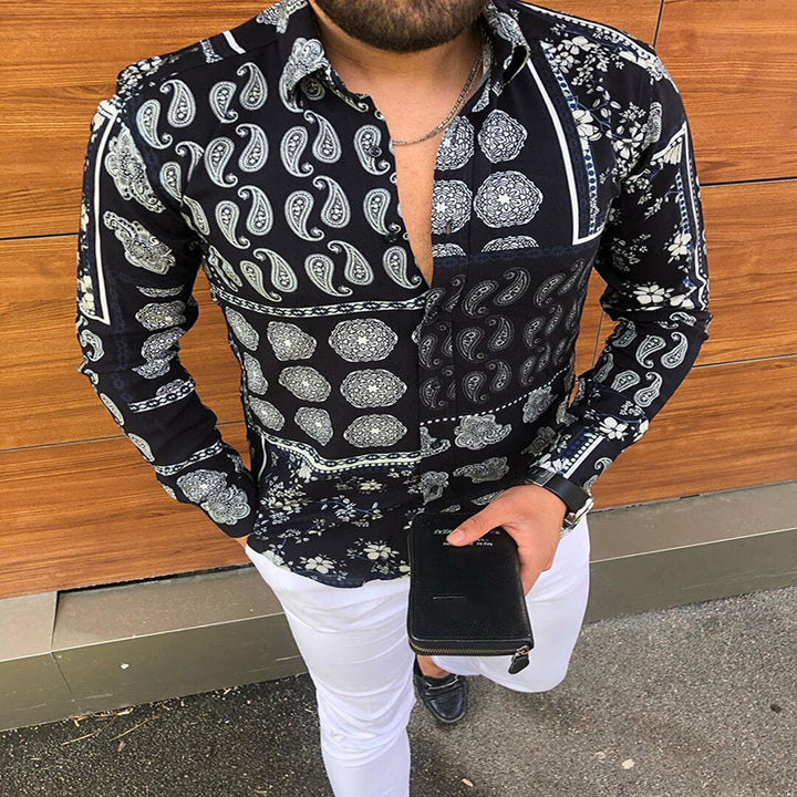 Men's Long Sleeve Patchwork Shirt with Paisley and Floral Print Mune Fashion