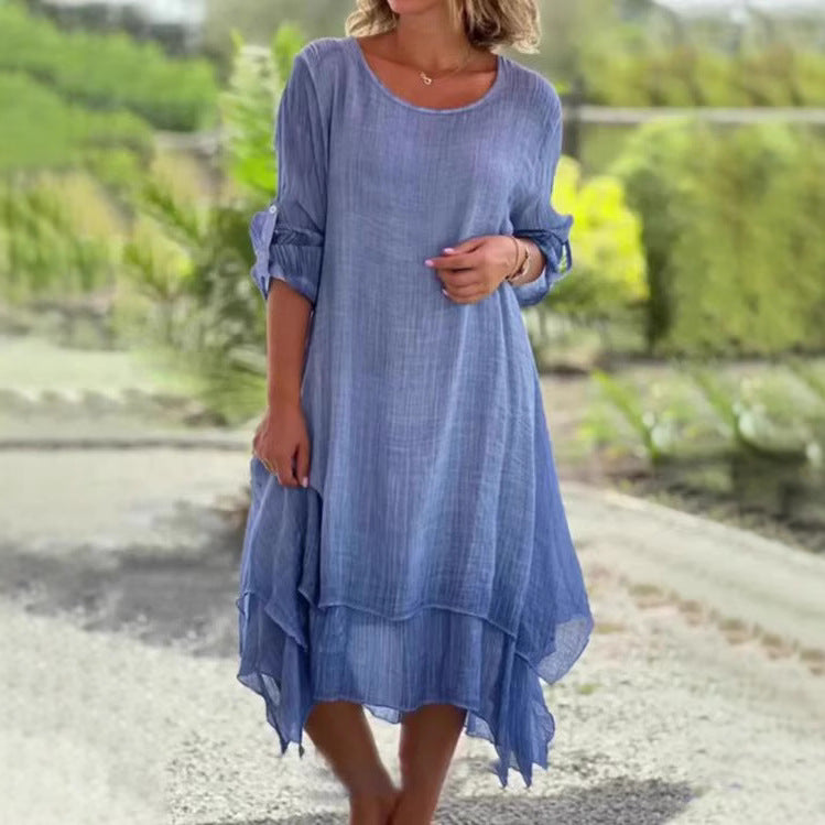 Ladies wide muslin midi dress with round neckline, roll-up half-length sleeves, and layered tiered skirt Mune Fashion
