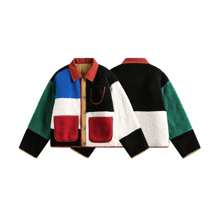 Unisex Boxy Patchwork Sherpa-Fleece Jacket with Cord Collar and Patch Pockets Mune Fashion