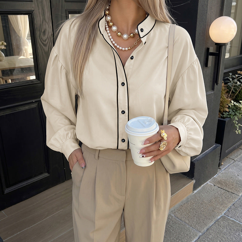 Ladies Elegant Blouse with Stand Collar and Puff Sleeves Mune Fashion