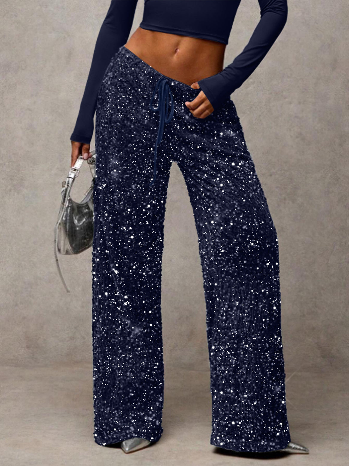 Women Sequin Palazzo Trousers with High Waist and Drawstring Mune Fashion