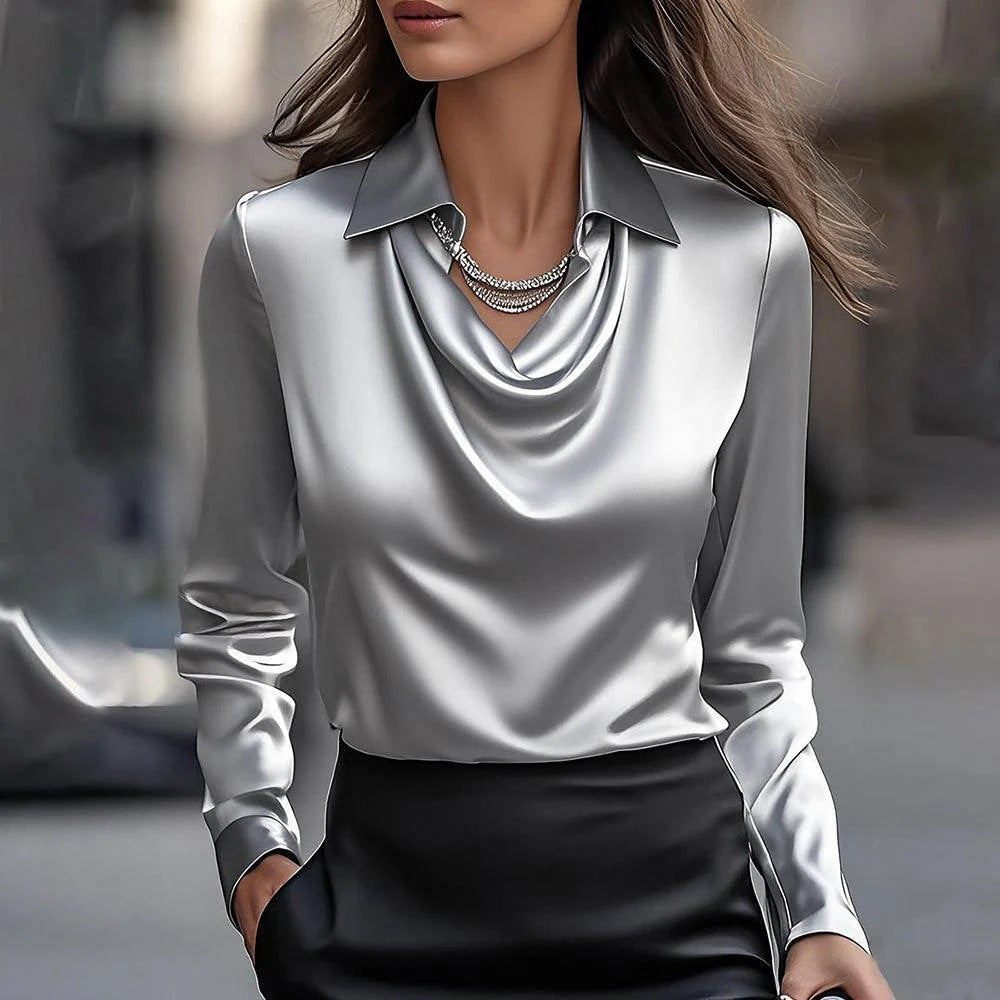 Women's satin blouse with waterfall collar and shirt collar Mune Fashion