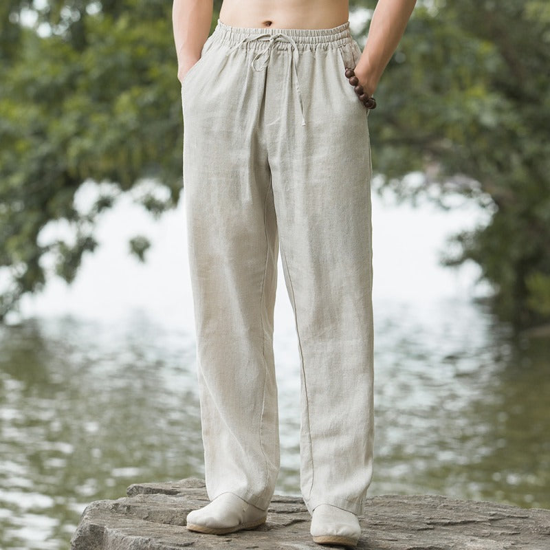 Men's light linen pants with elastic waistband, wide leg, and side pockets Mune Fashion