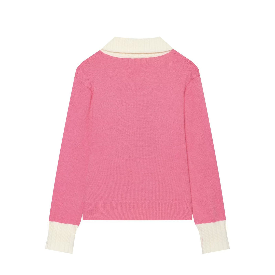 Women’s fine-knit cardigan with large textured collar and contrast cuffs Mune Fashion