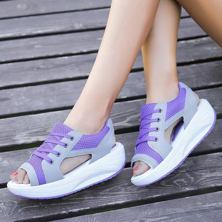 Women's Sporty Wedge Sandals with Breathable Mesh, Open Toes and Lacing Mune Fashion