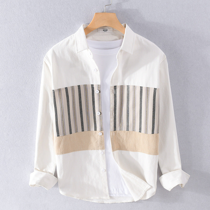 Men's Lightweight Cotton Overshirt with Woven Stripe Panels and Kent Collar Mune Fashion