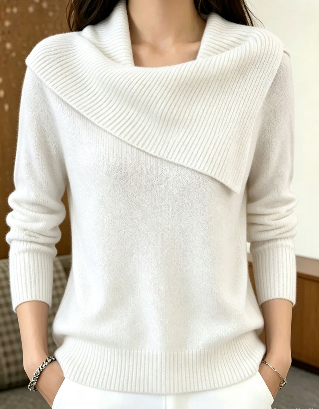 Women Oversized Turtleneck Sweater with Asymmetric Shawl Collar Mune Fashion