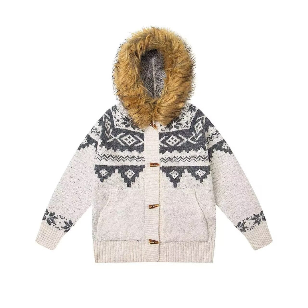 Women's Fashionable Cardigan with Hood and Faux Fur Trimmed Collar Mune Fashion