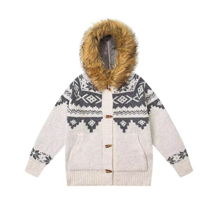 Women's Fashionable Cardigan with Hood and Faux Fur Trimmed Collar Mune Fashion