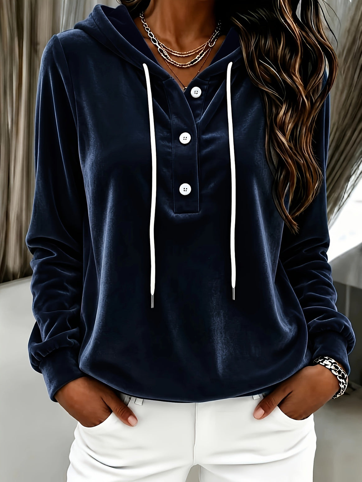 Women's Velvet Hoodie with Button Placket, Hood and Soft Fleece Finish Mune Fashion
