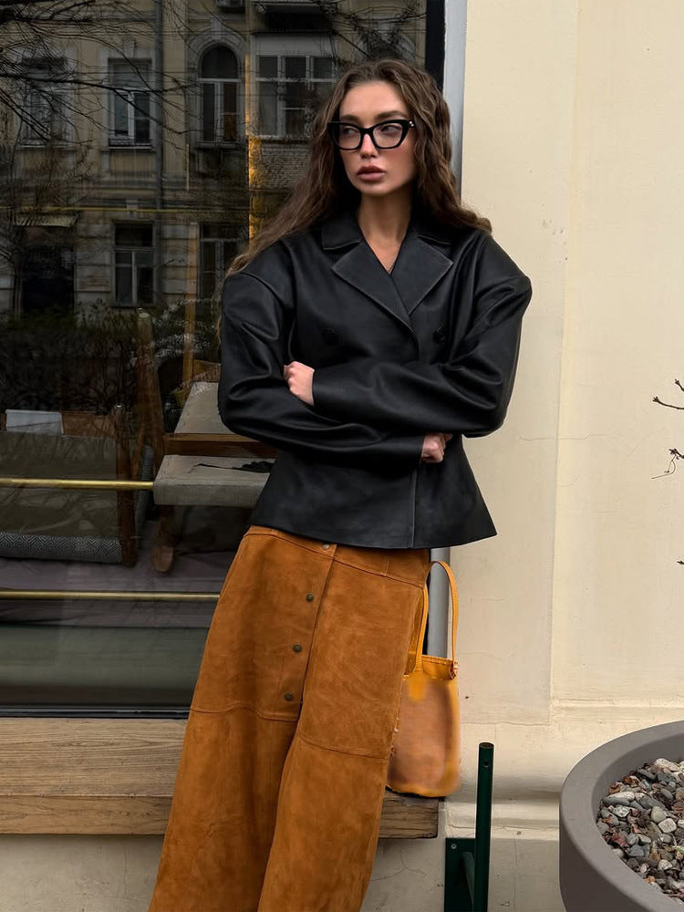 Women Fashionable Blazer-Bomber made of vegan leather imitation with double-breasted front Mune Fashion