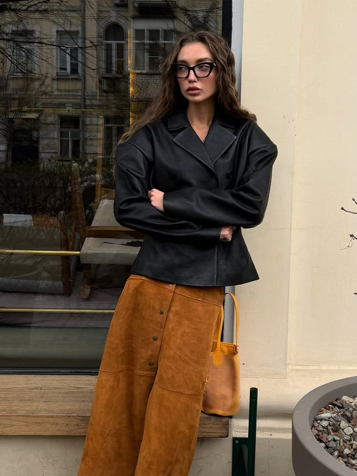 Women Fashionable Blazer-Bomber made of vegan leather imitation with double-breasted front Mune Fashion