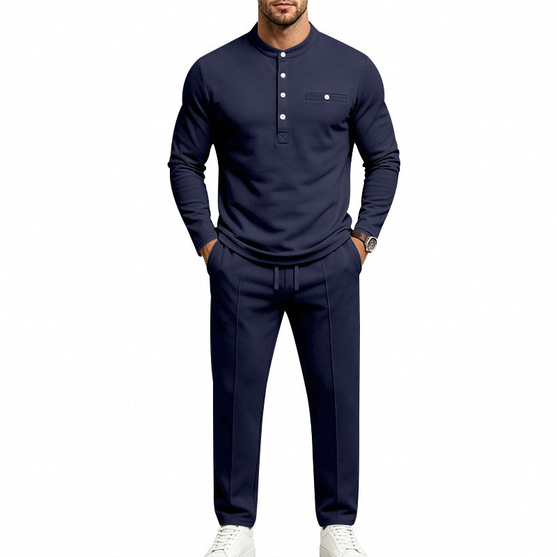 Men's Two-Piece Leisure Set with Henley Long Sleeve Shirt, Stand Collar and Comfort Jogging Pants Mune Fashion