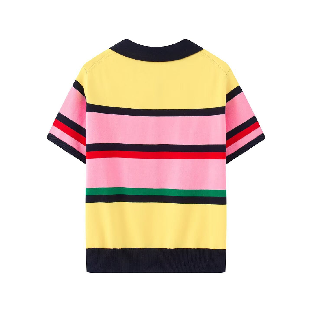 Women's Short-Sleeved Striped Fine Knit Polo Shirt with Continuous Button Placket Mune Fashion
