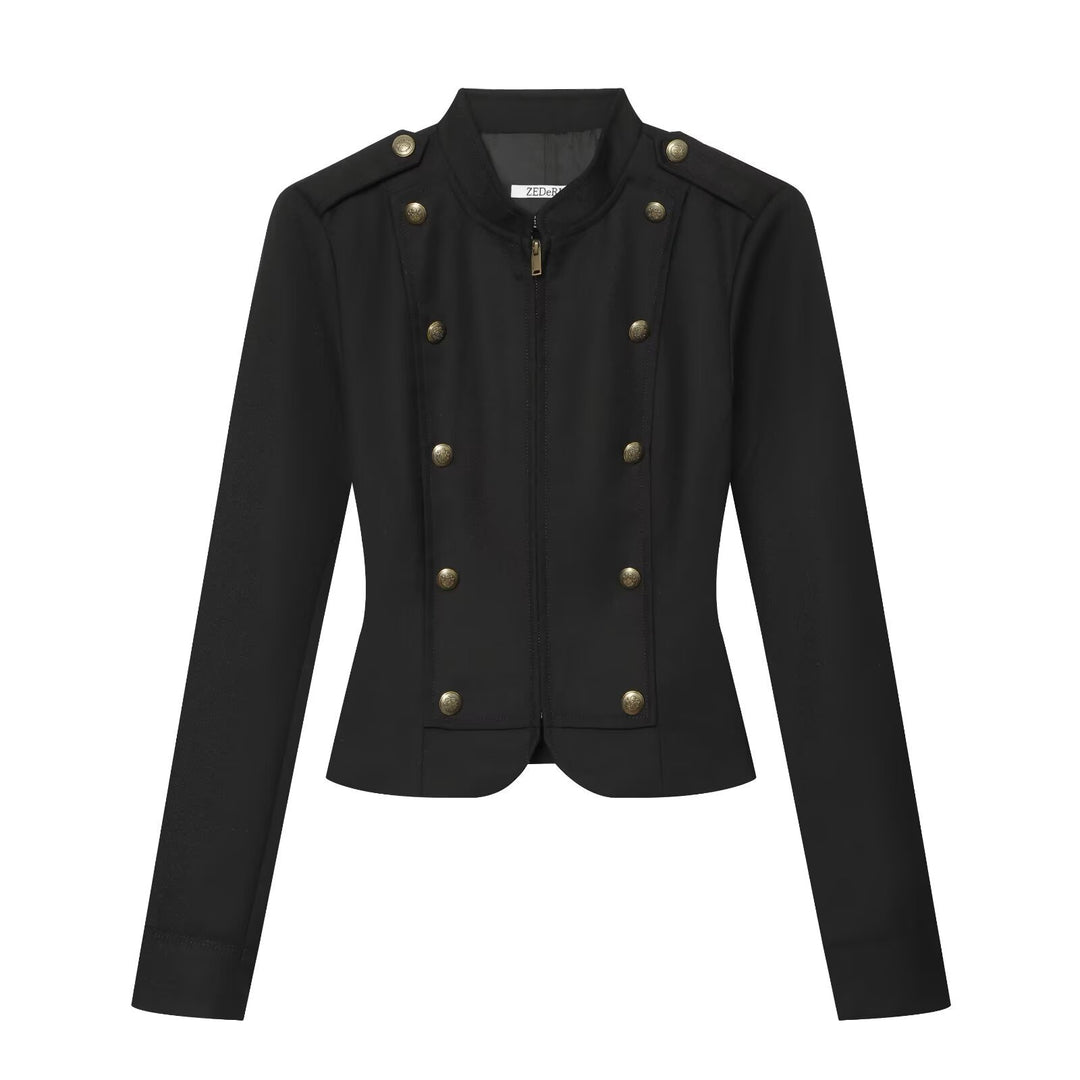 Women's fitted military jacket in blouson style with stand-up collar and double decorative button placket Drune
