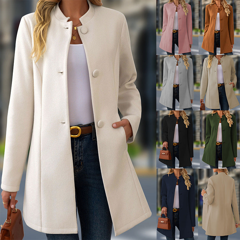Women's Tailored Stand Collar Coat with Fabric Covered Buttons Mune Fashion