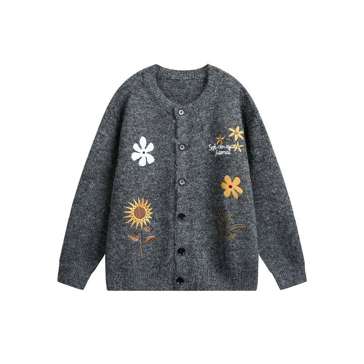 Women's knit cardigan with floral embroidery, round neckline and button placket Mune Fashion