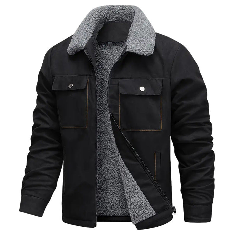 Men's sherpa-lined worker jacket in suede look with flap chest pockets and zip.