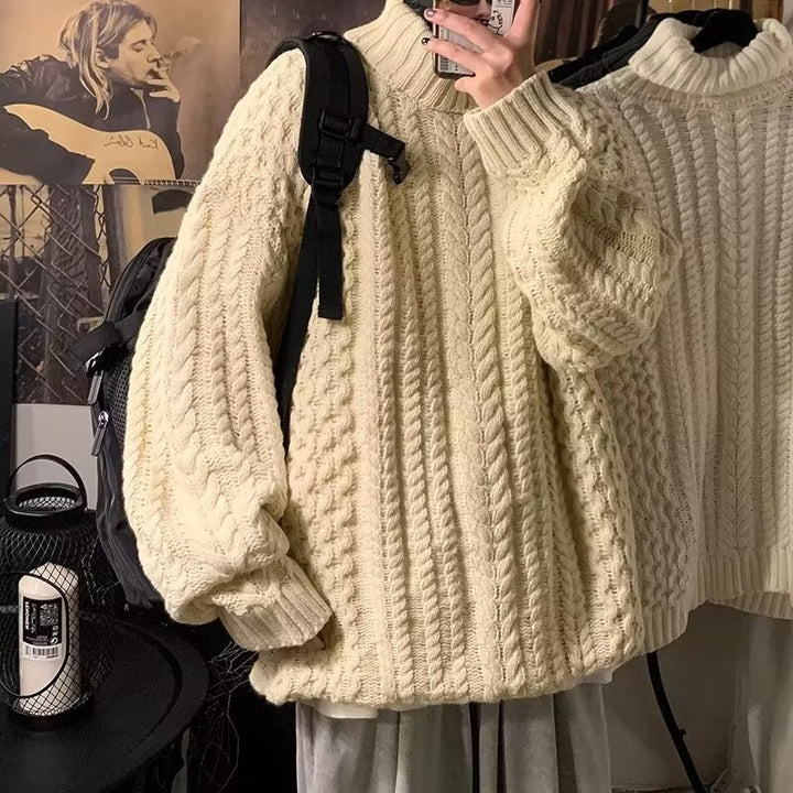 Women Chunky Knit Sweater with High Collar and Cable Pattern Mune Fashion
