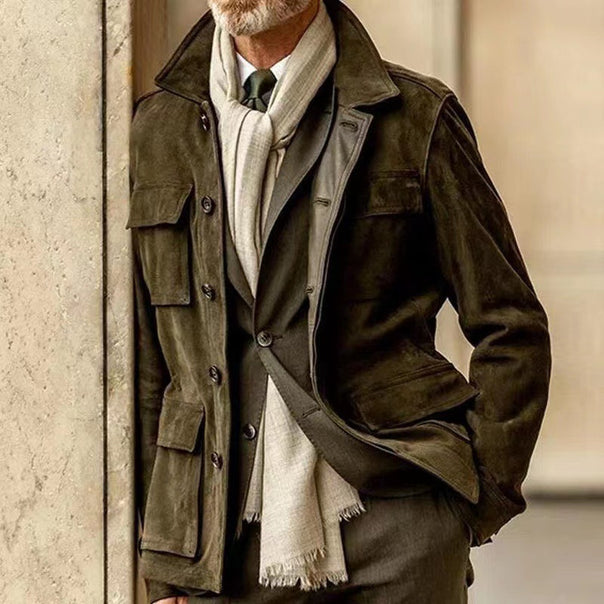 Men's Tailored Field Jacket with Tie Belt, Flap Pockets and Kent Collar Mune Fashion