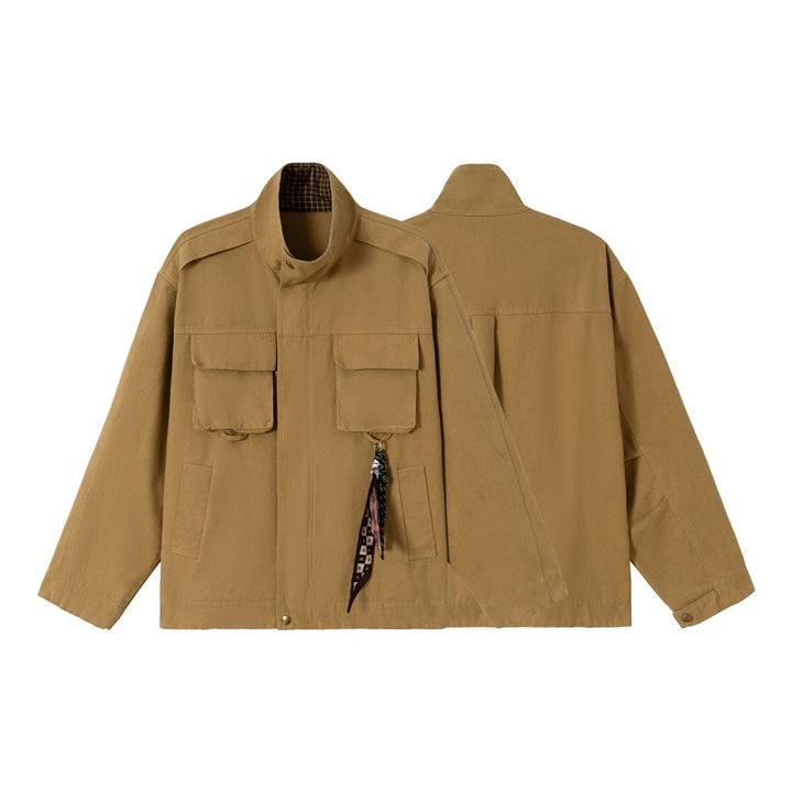 Men's short-cut rugged field jacket made of cotton canvas with stand-up collar and patch pockets Mune Fashion