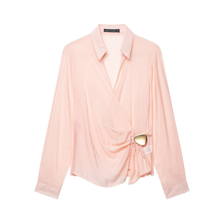Women's wrap blouse made of silky crepe with draping, deep V-neckline, and gold decorative button Mune Fashion