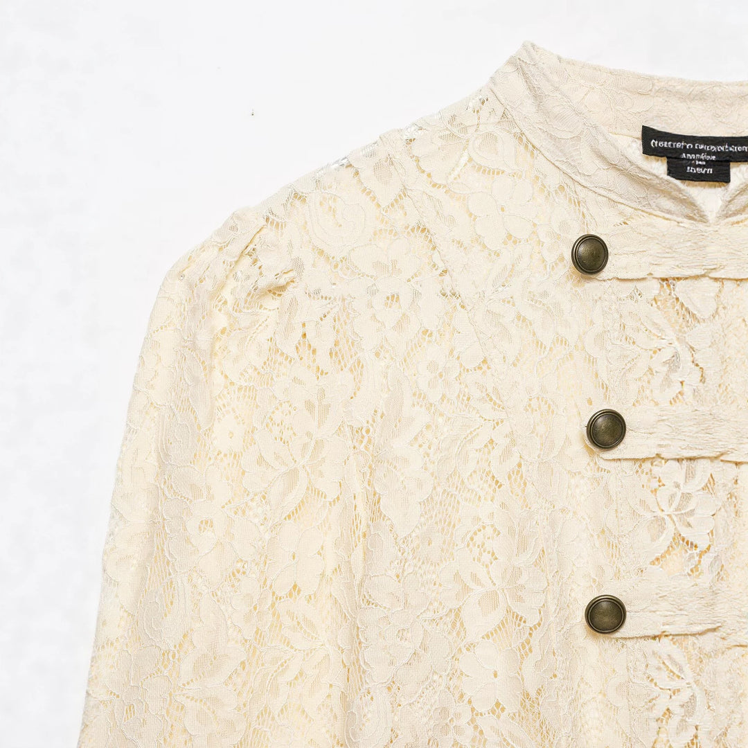Women's Short Lace Jacket in Military-Inspired Style with Stand-Up Collar and Decorative Buttons Drune